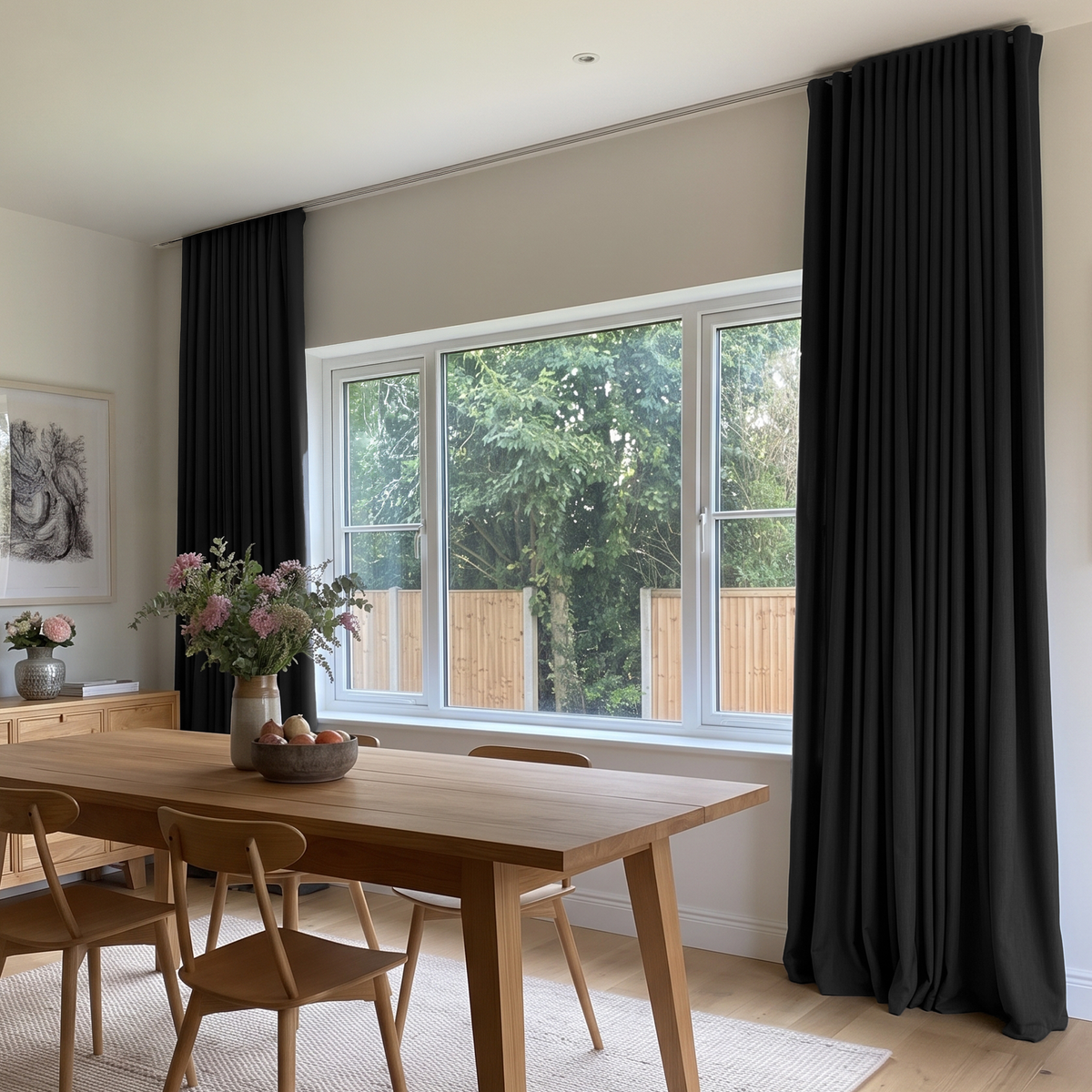 A pair of floor-length black pleated curtains hanging on either side of a large white-framed window in a modern dining room with a wooden table and chairs.