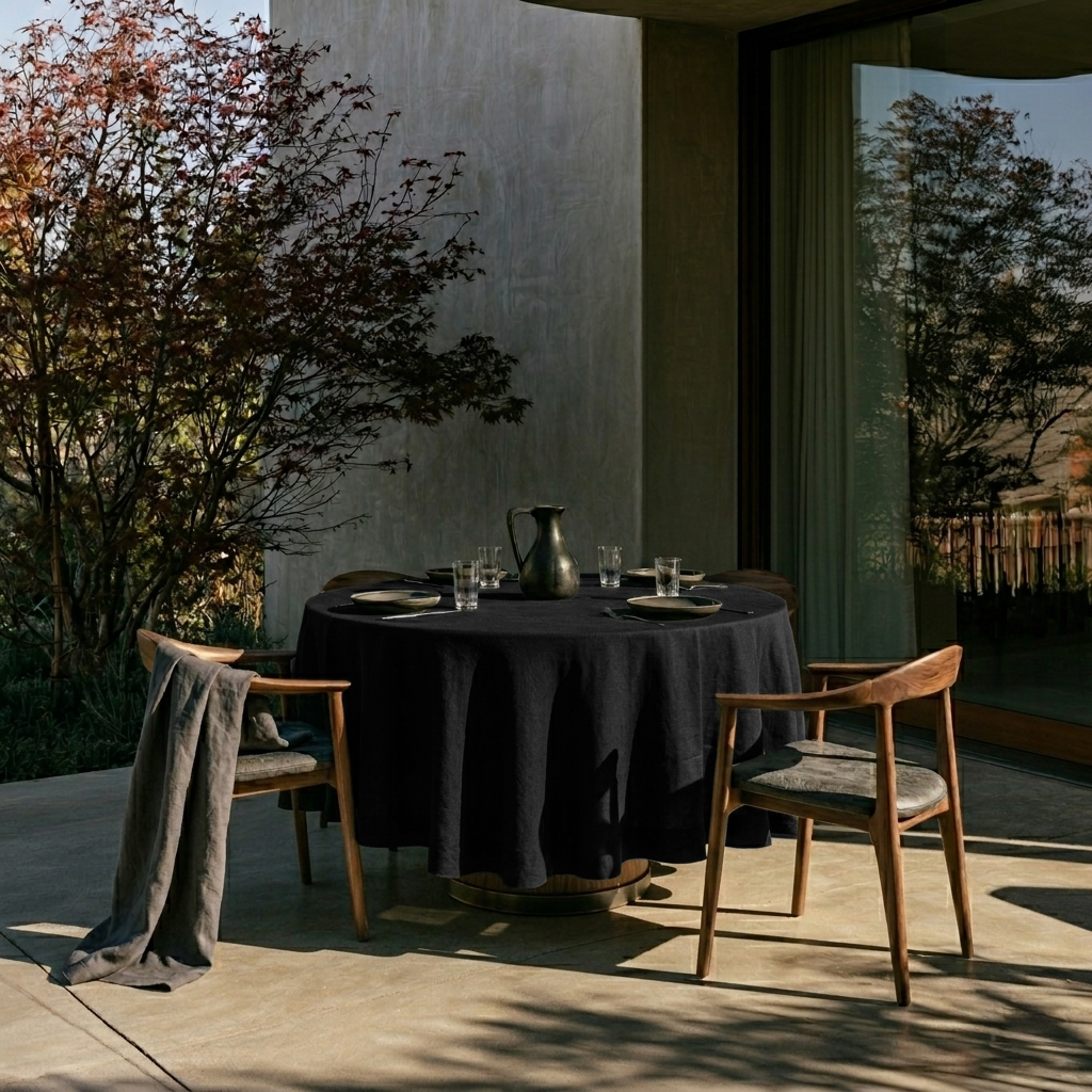 Black Linen Round Tablecloth in a Sunlit Patio Dining Space with Walnut Wood Chairs