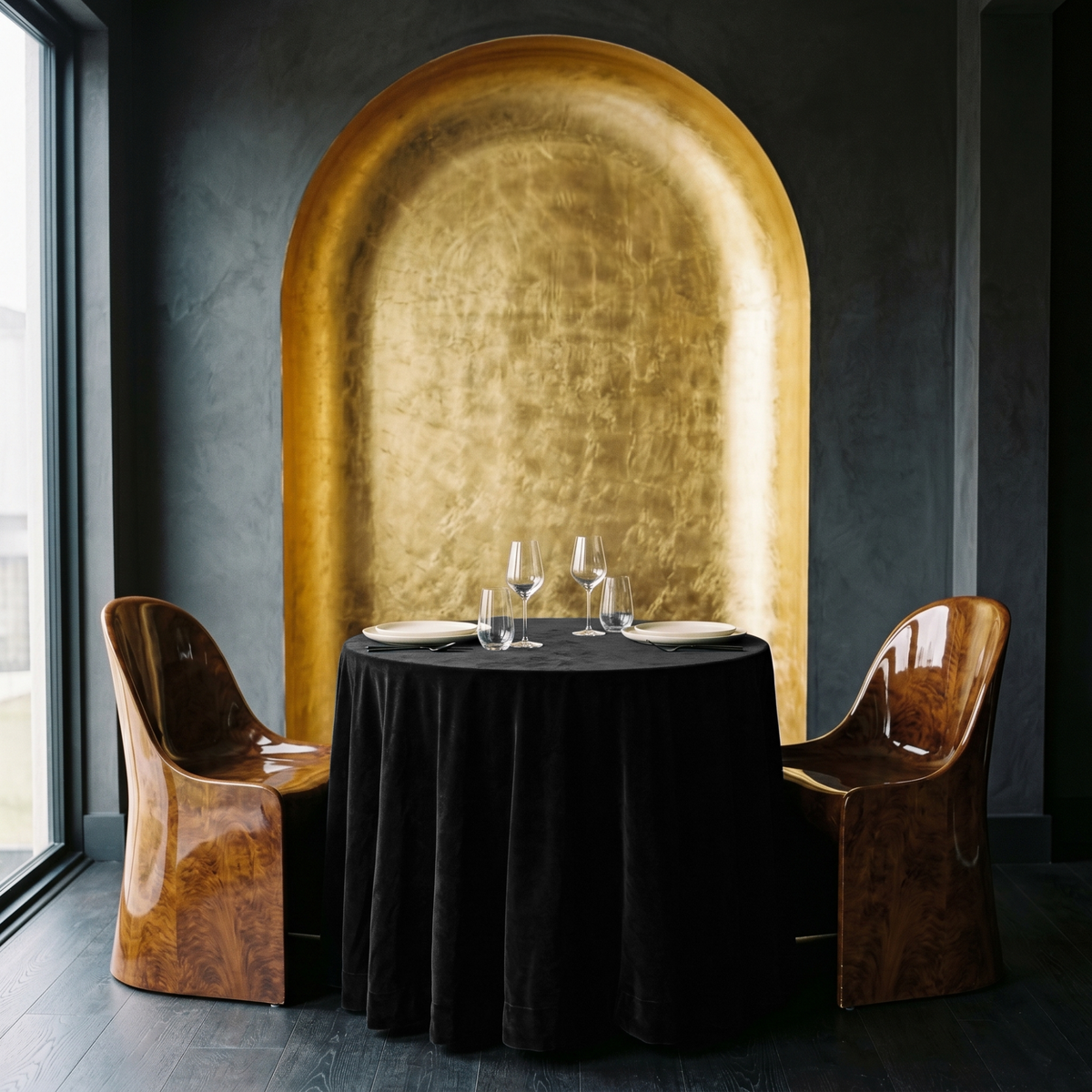Black Small Velvet Round Tablecloth in a Moody Dining Room with Charcoal Walls and Glossy Wood Chairs