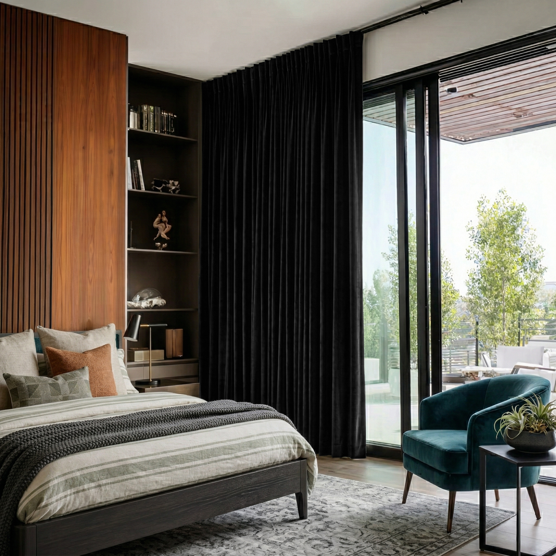 Black Velvet Back Tab Blackout Curtains for Sliding Doors in a Bedroom with White Walls