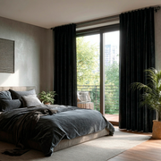 Black Velvet Back Tab Blackout Curtains for Sliding Doors in a Bedroom with Grey Walls