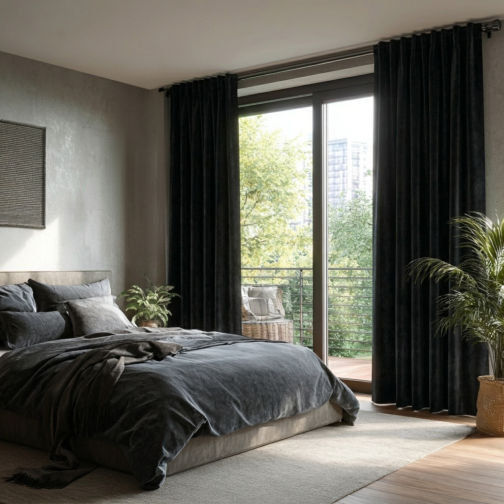 Black Velvet Back Tab Blackout Curtains for Sliding Doors in a Bedroom with Grey Walls