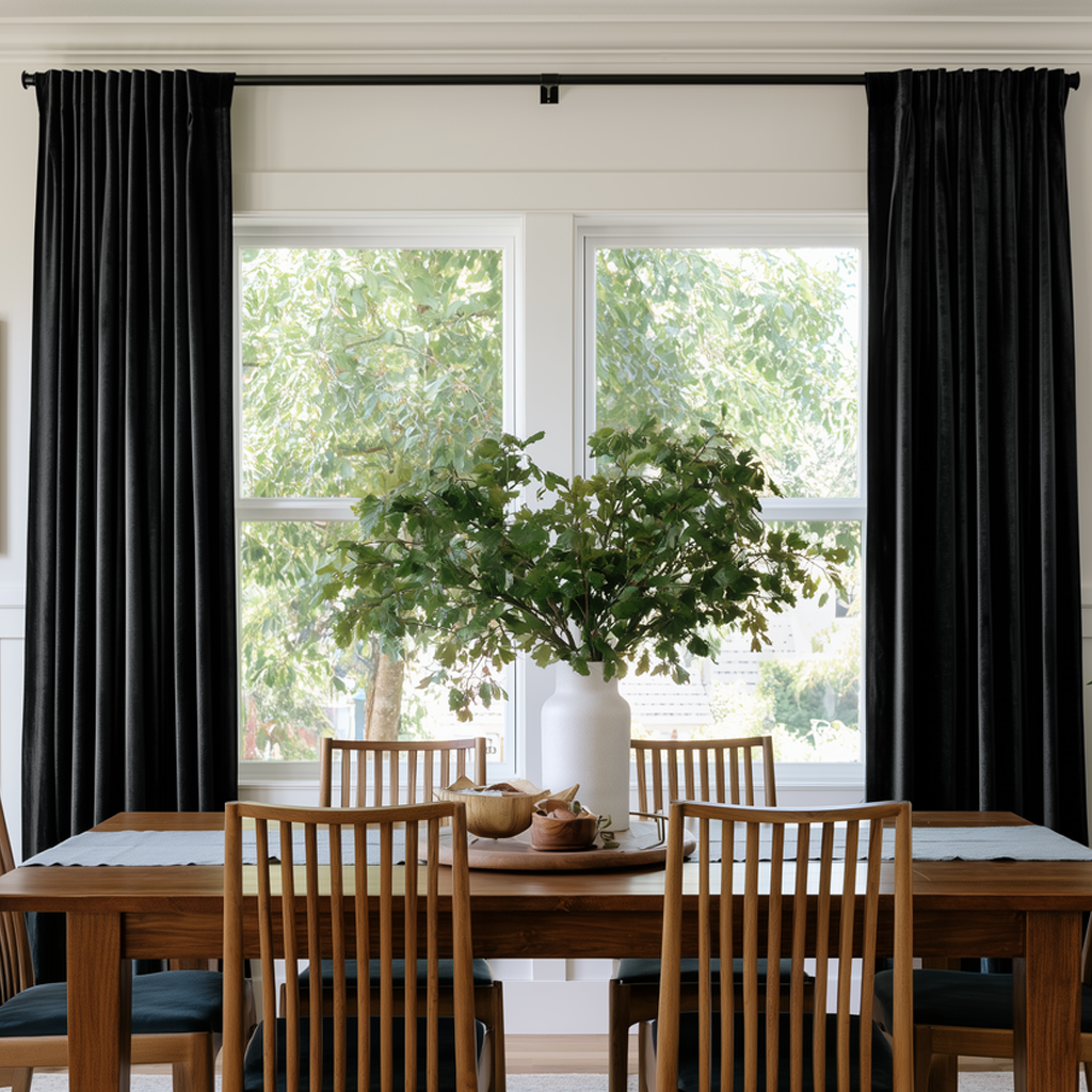 Black curtain panels hanging on a black rod over a double window in a bright dining room with a wooden table and chairs.