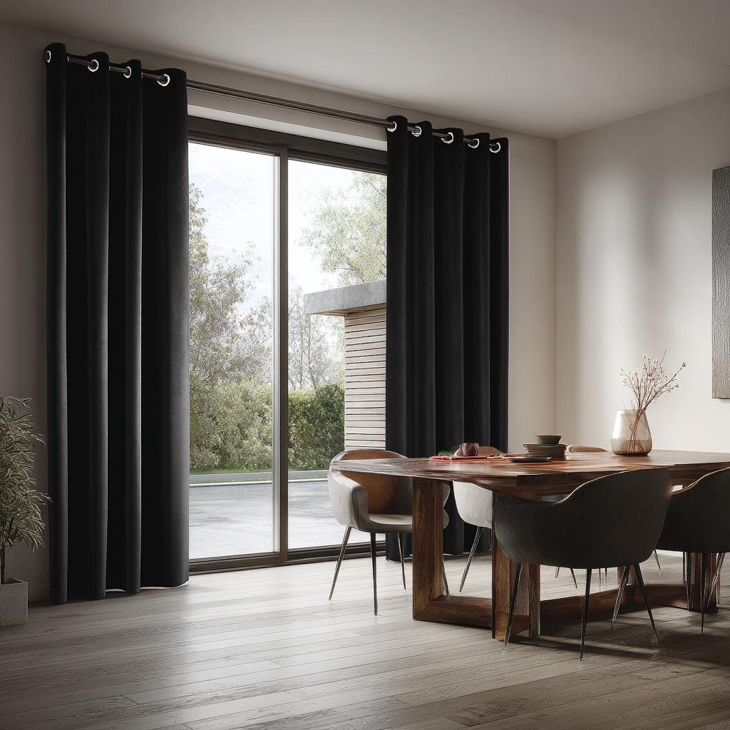 Black Velvet Grommet Blackout Curtains for Sliding Doors in a Dining Room with Off-White Walls