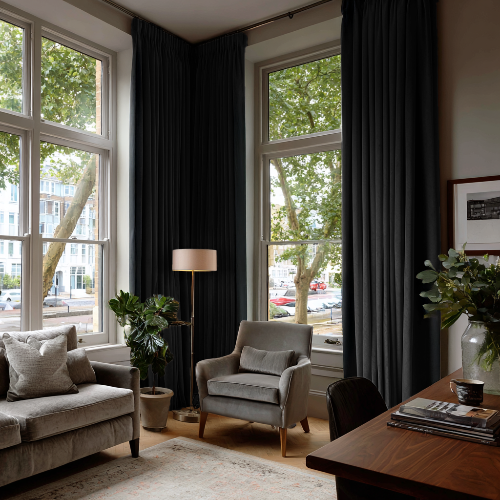 Black Velvet Pencil Pleat Blackout Curtains in a Living Room with Light Grey Walls