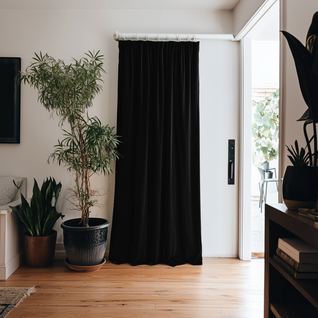 Black Pencil Pleat Velvet Thermal Insulated Door Curtain