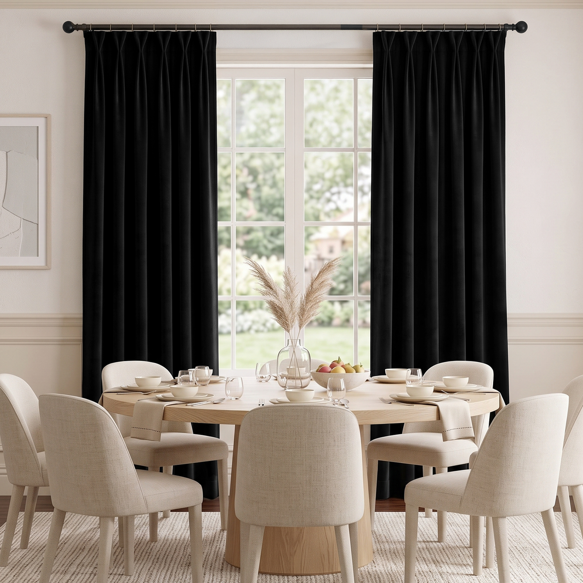 Black curtain panels hanging on a dark curtain rod in a bright dining room with a round wooden table and beige upholstered chairs.
