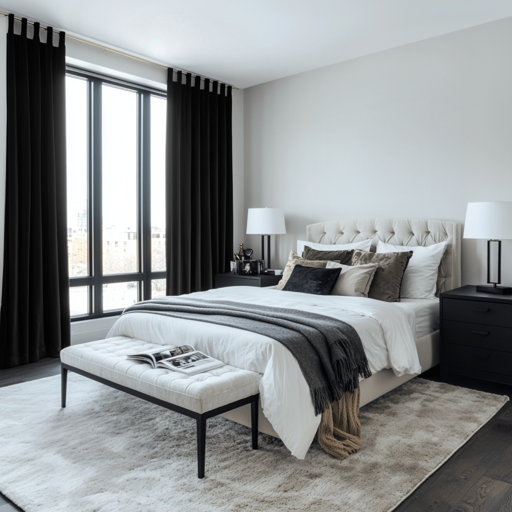 Black Velvet Tab Top Blackout Curtains in a Bedroom with Light Grey Walls