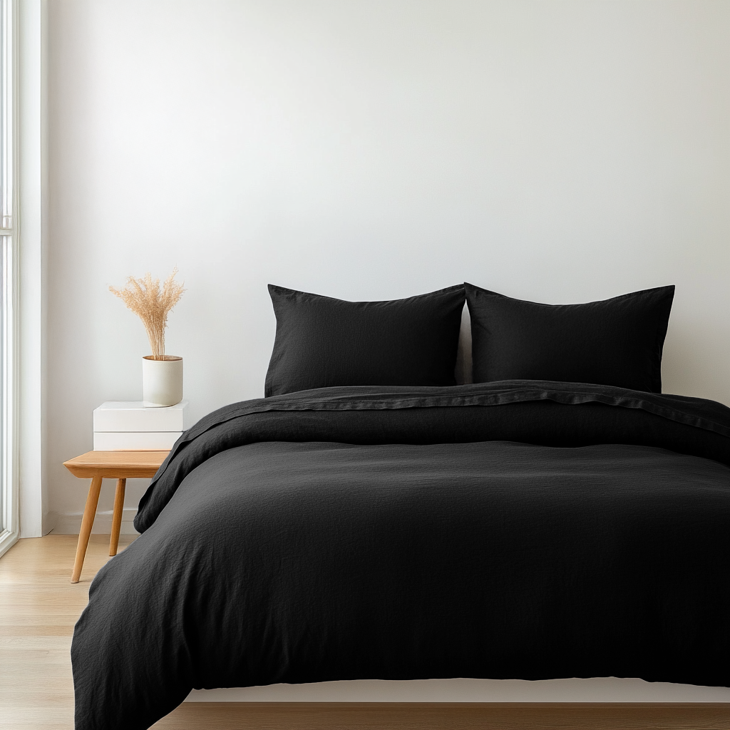 Black Washed Linen Duvet Cover Set
