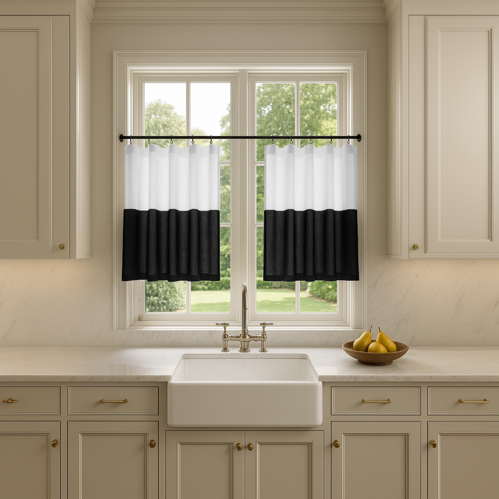 Black and White Linen Cafe Curtains
