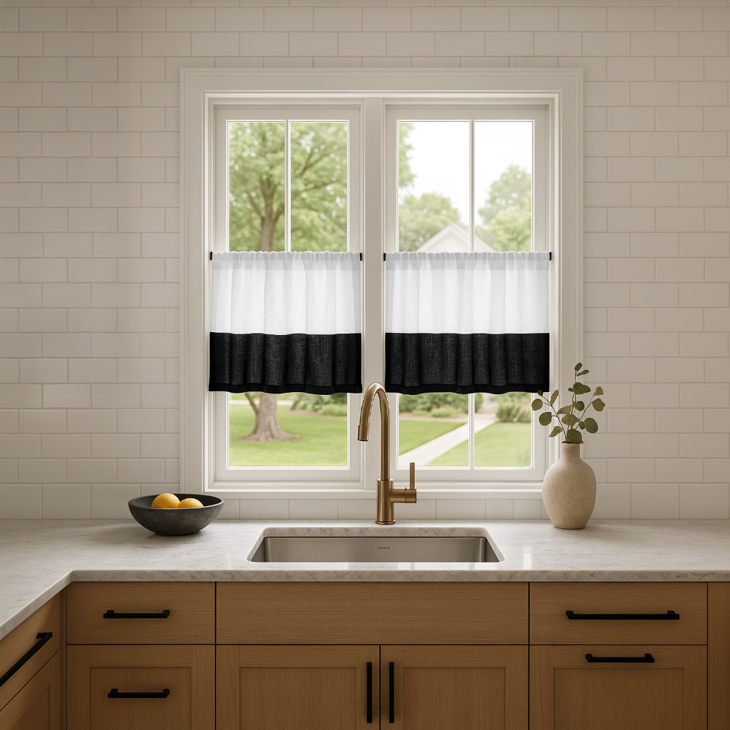 Black and White Linen Cafe Curtains