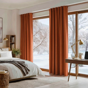 Burnt Orange Linen Back Tab Curtains for Bifold Doors in a Bedroom with White Walls - Blackout Lining