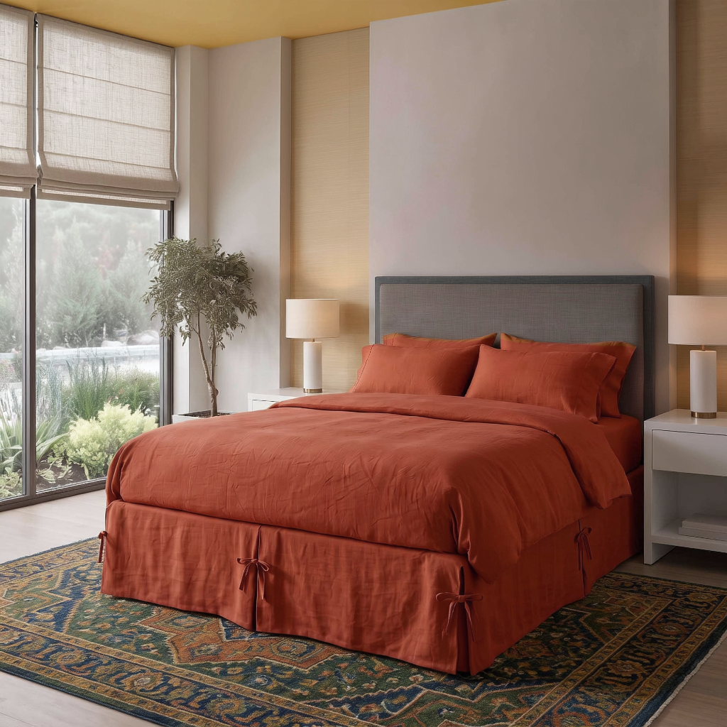 Burnt Orange Linen Bed Skirt with Pleats 