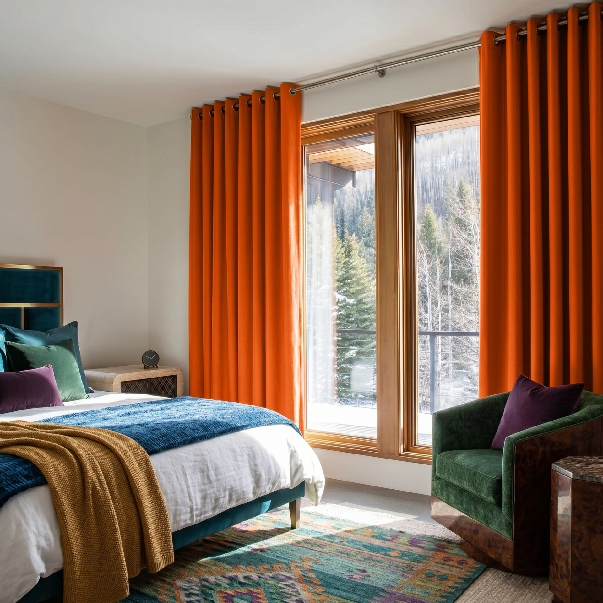 Burnt Orange Linen Grommet Curtains in a Colorful Bedroom with Soft White Walls  and a Snowy Forest View - Blackout Lining