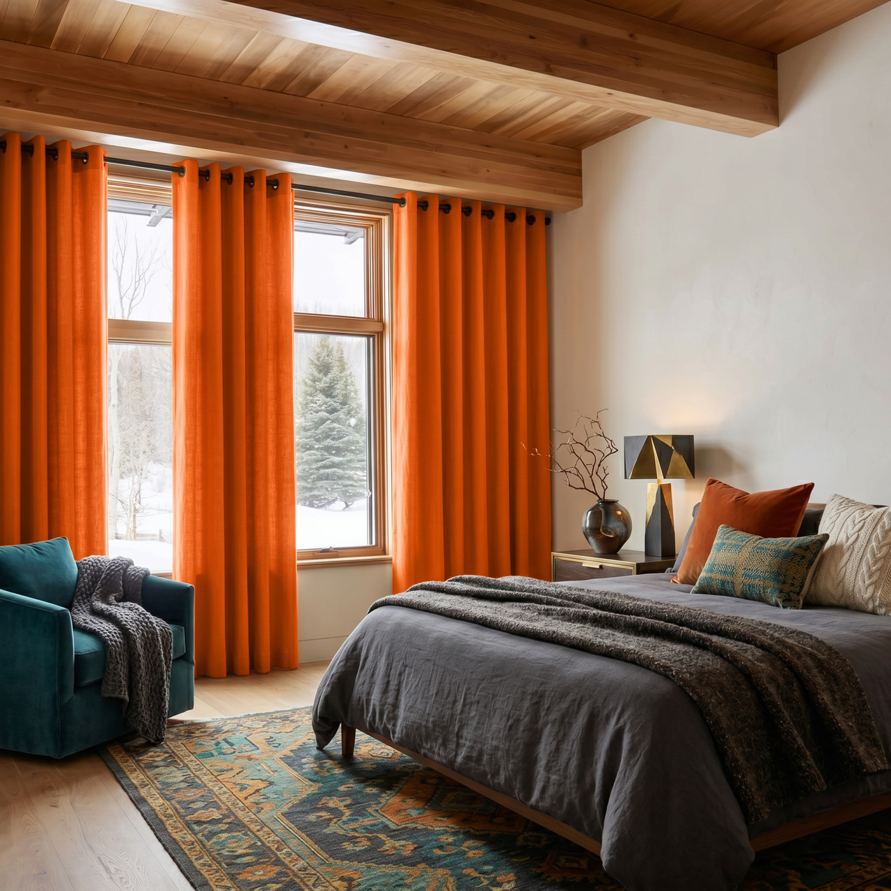 Burnt Orange Linen Eyelet Curtains in a Warm Rustic Bedroom with Cream Walls - Cotton Lining