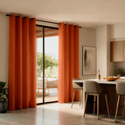 Burnt Orange Linen Eyelet Curtains for Bifold Doors in a Kitchen with Cream Walls - Blackout Lining