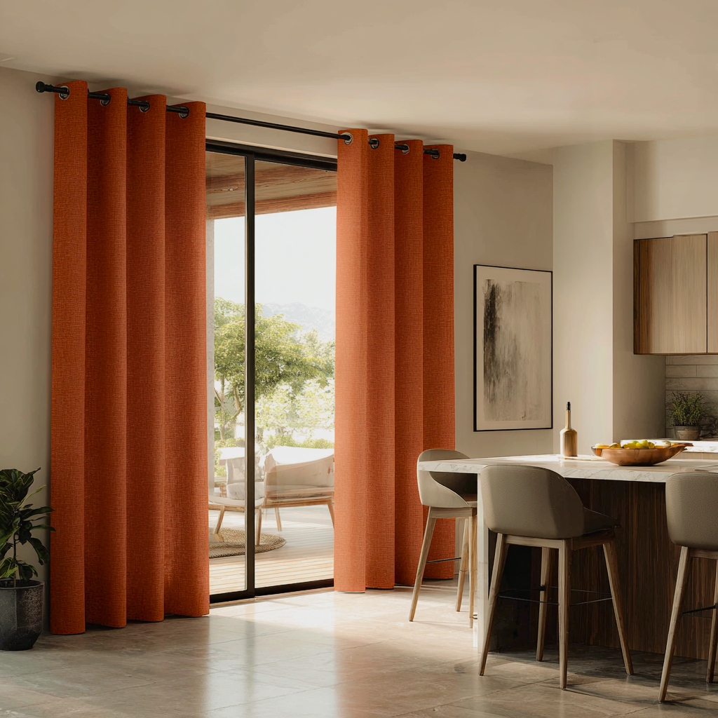 Burnt Orange Linen Eyelet Curtains for Bifold Doors in a Kitchen with Cream Walls - Blackout Lining