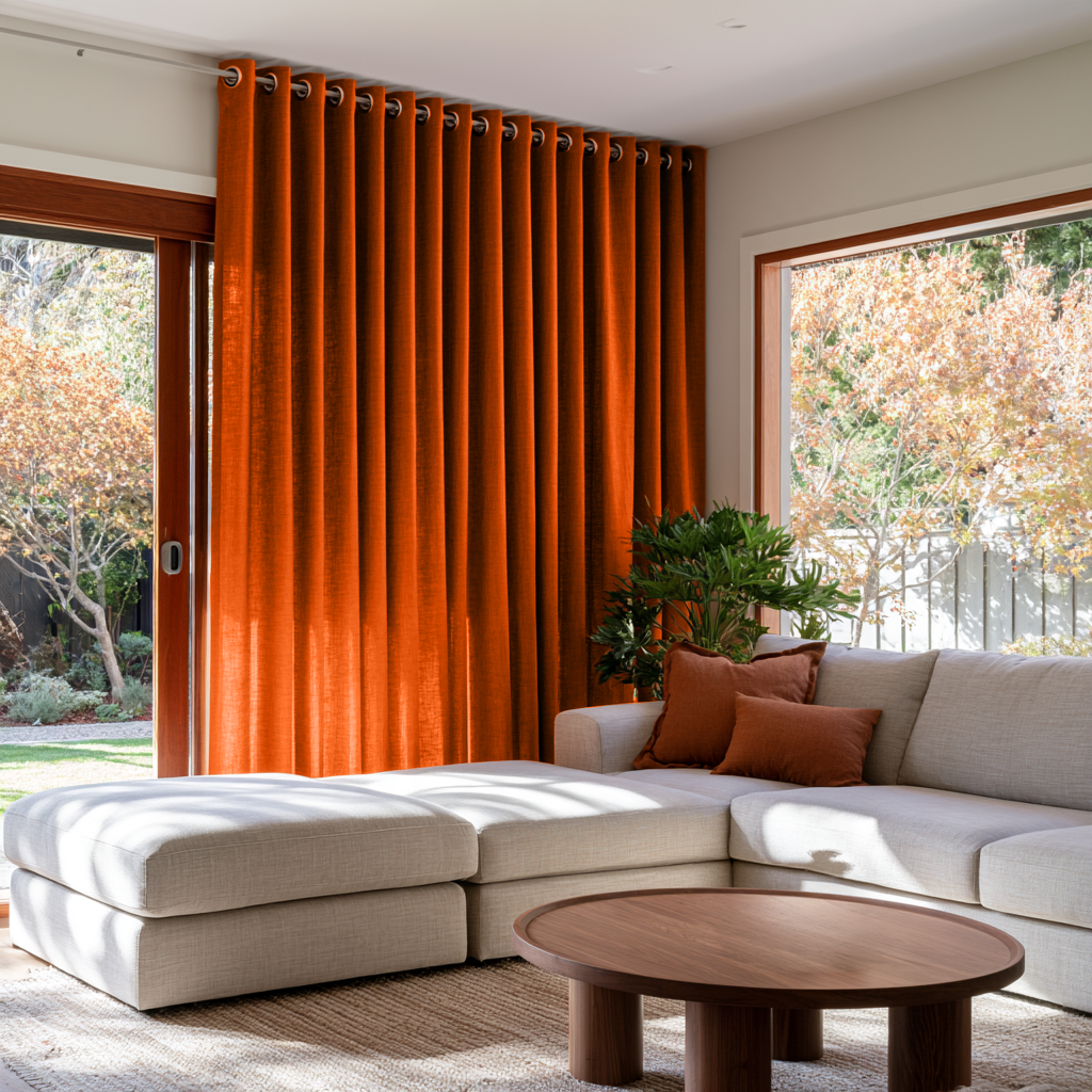 Burnt Orange Linen Eyelets Extra Long Curtains in a Contemporary Living Room with Light Beige Sectional Sofa and Large Garden Windows