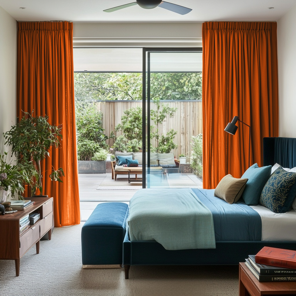 Burnt Orange Linen Pencil Pleat Curtains for Bifold Doors in a Bedroom with Off-White Walls - Cotton Lining