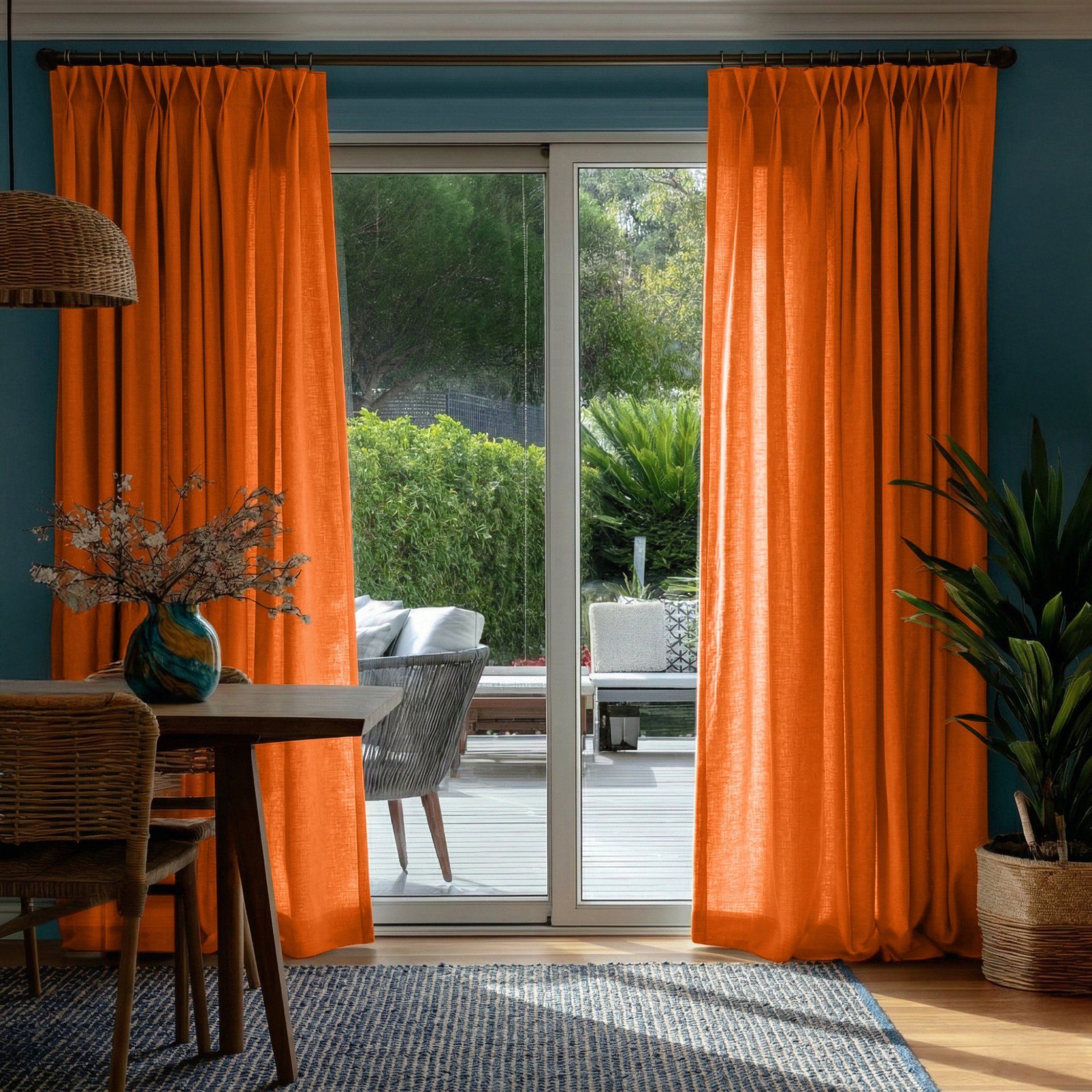 Burnt Orange Linen Pinch Pleat Curtains for Bifold Doors in a Dining Room with Blue Walls