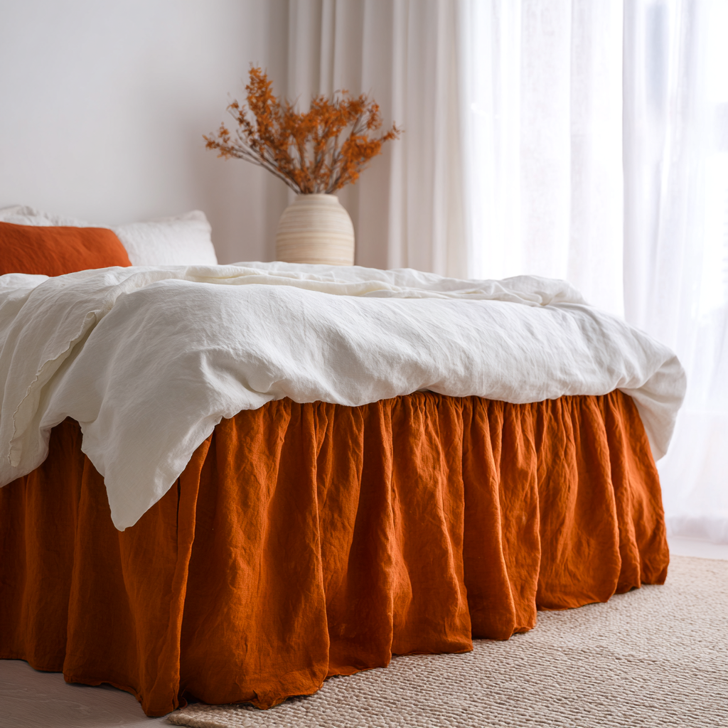 Burnt Orange Linen Bed Skirt with Gathered Ruffles