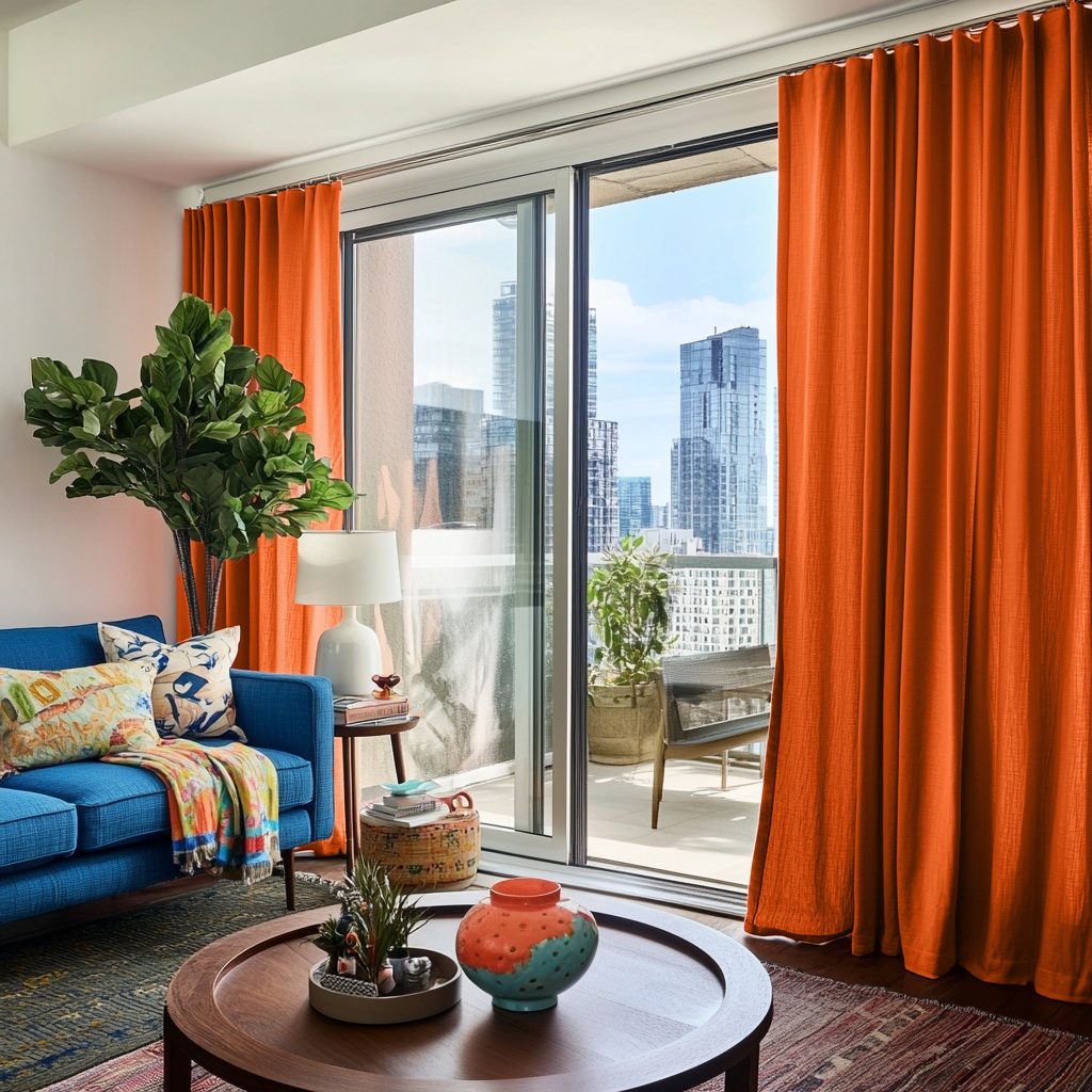 Burnt Orange Linen S-Fold Curtains for Bifold Doors in a Living Room with White Walls - Cotton Lining