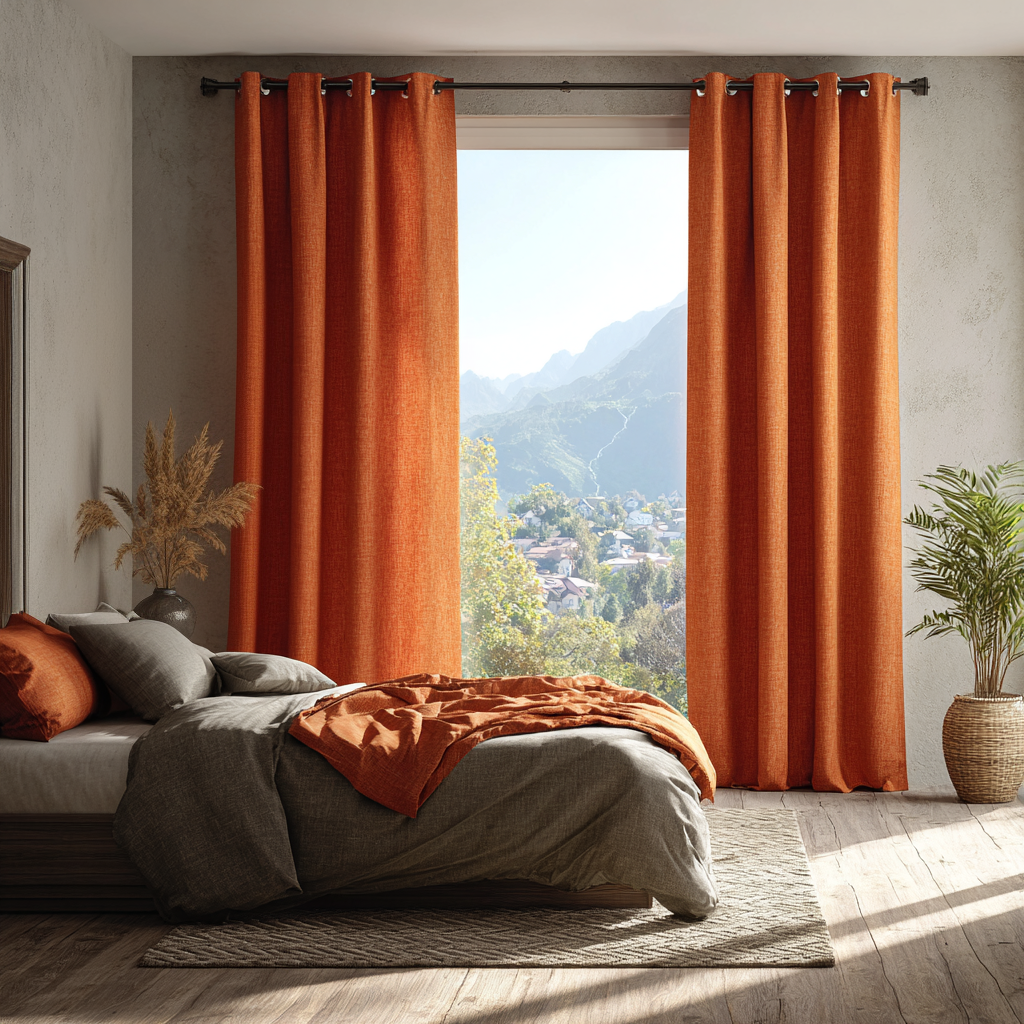 Burnt Orange Linen Thermal Eyelet Curtains