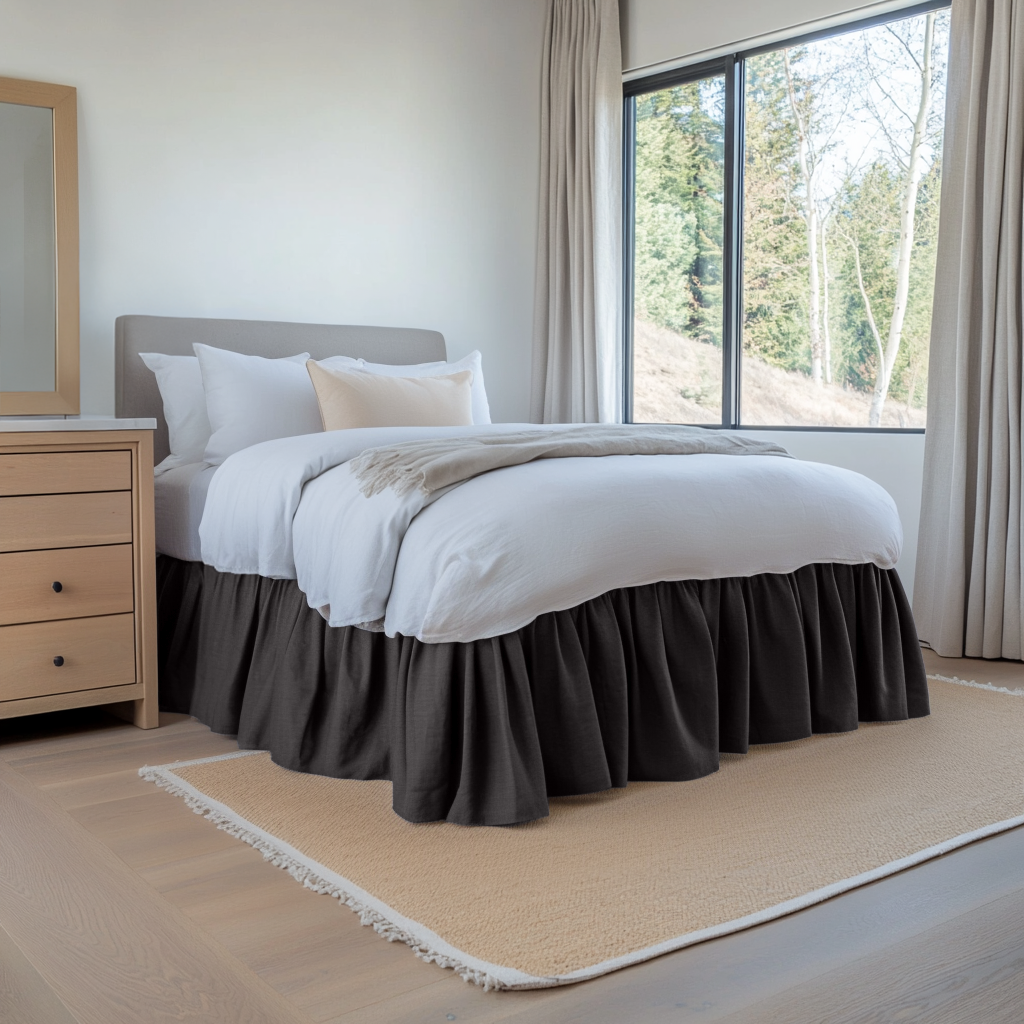 Charcoal Linen Bed Skirt Valance with Gathered Ruffles