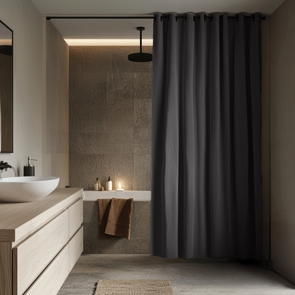 Charcoal Grey Hookless Linen Shower Curtain