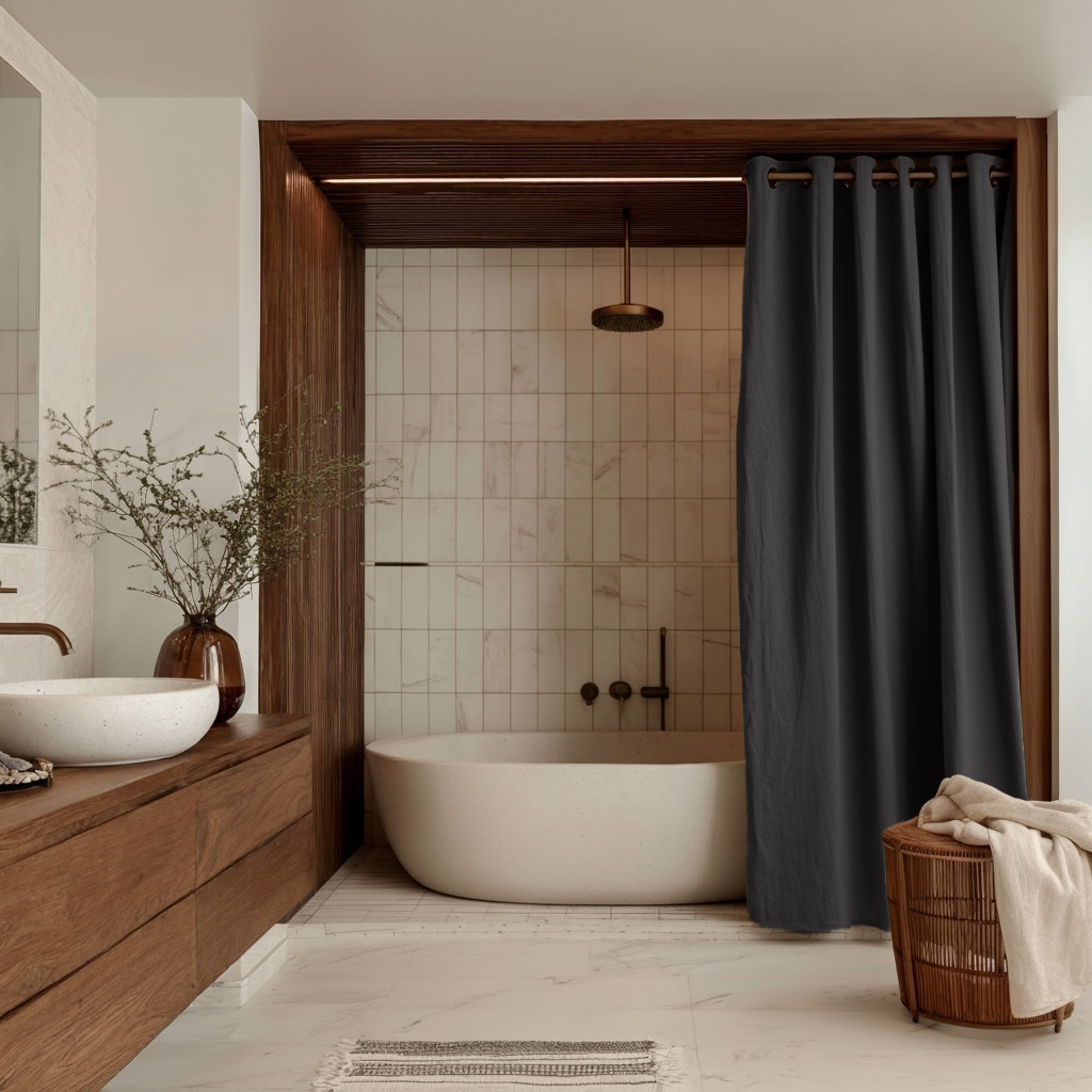 Charcoal Grey Hookless Linen Shower Curtain