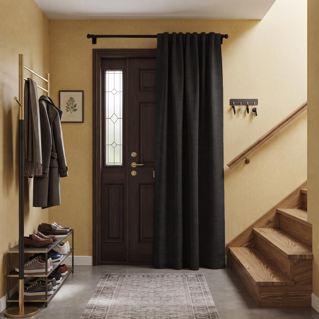 Charcoal Grey Thermal Door Curtain in a Hallway with Warm Beige Walls and Wooden Stairs