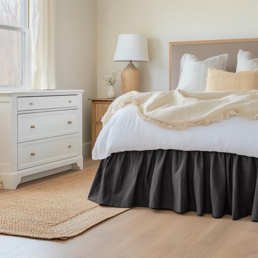 Charcoal Linen Bed Skirt Valance with Gathered Ruffles