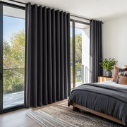 Charcoal Grey Linen Eyelet Curtains in a Modern Bedroom with Soft White Walls and Natural Wood Accents - Blackout Lining