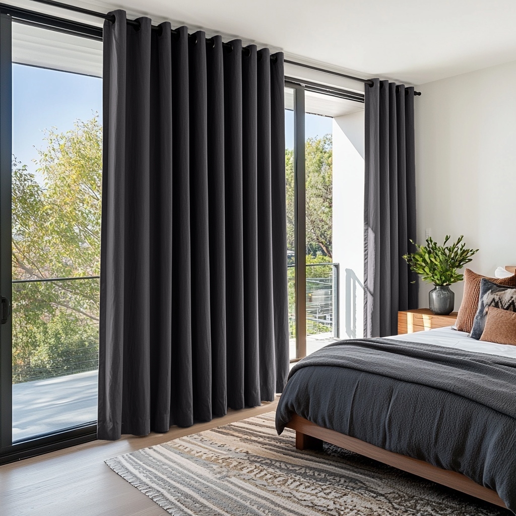 Charcoal Grey Linen Eyelet Curtains in a Modern Bedroom with Soft White Walls and Natural Wood Accents - Blackout Lining