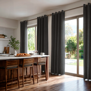 Charcoal Grey Linen Eyelet Curtains for Bifold Doors in a Kitchen with White Walls - Blackout Lining
