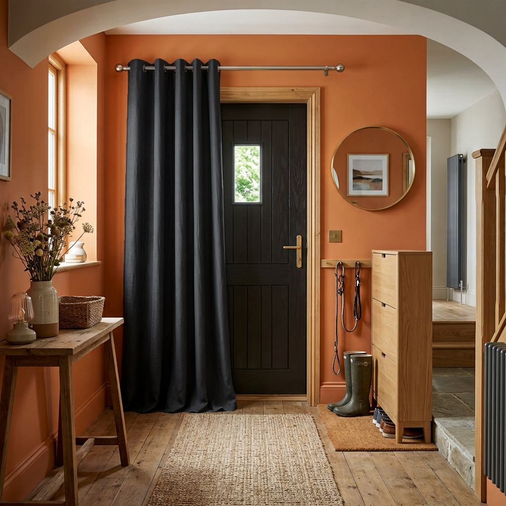 Charcoal Grey Thermal Door Curtain in a Hallway with Terracotta Walls and Natural Oak Furniture
