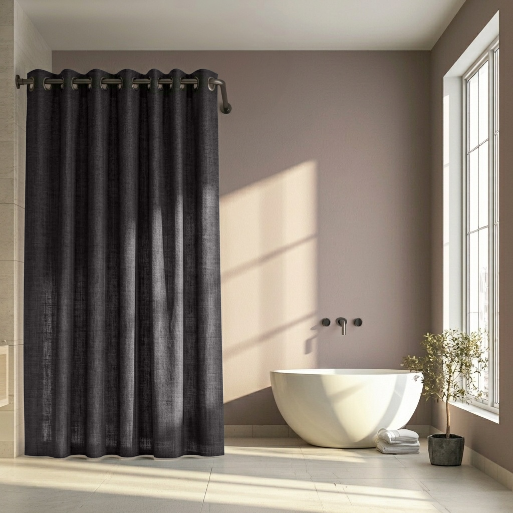 Charcoal Grey Linen Hookless Shower Curtain in a Contemporary Bathroom