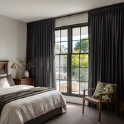 Charcoal Grey Linen Pencil Pleat Curtains in a Bright Bedroom