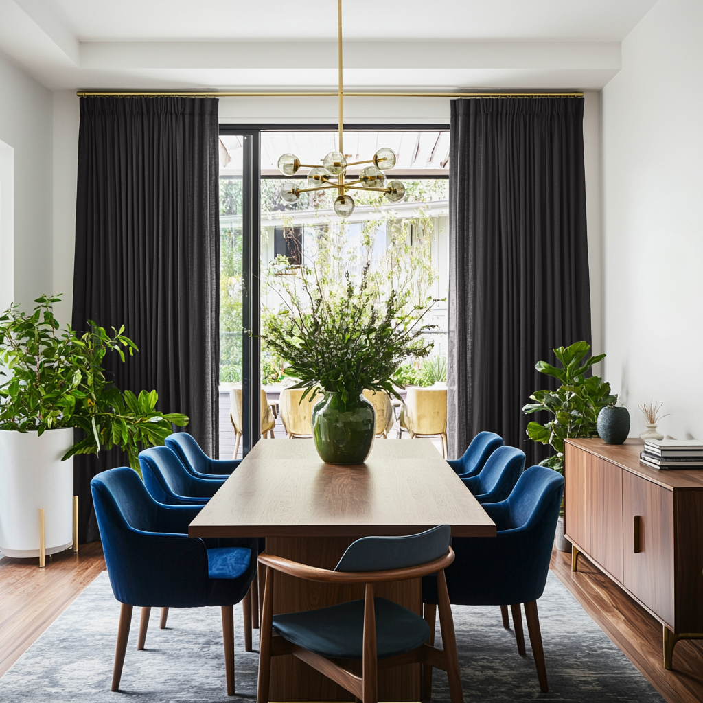 Charcoal Grey Linen Pencil Pleat Curtains for Bifold Doors in a Dining Room with White Walls - Cotton Lining