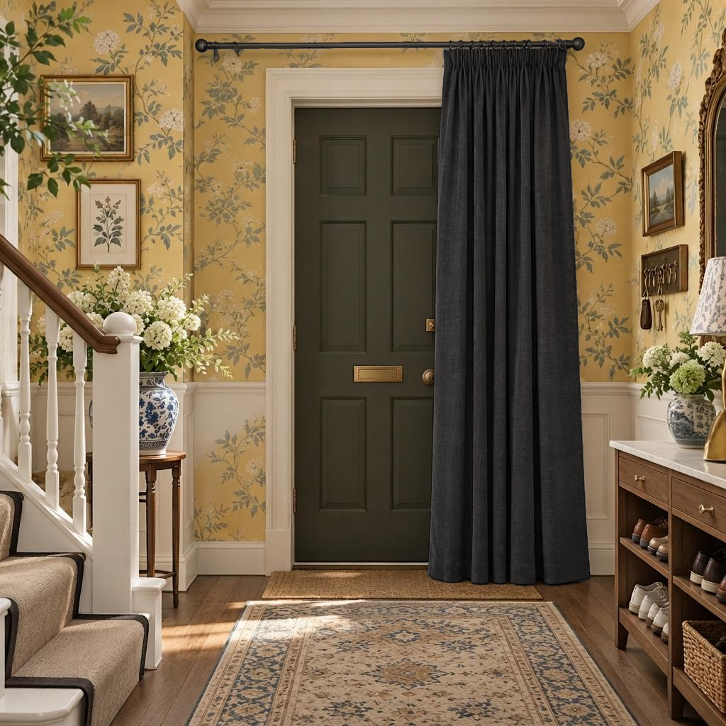 Charcoal Grey Thermal Door Curtain in a Hallway with Yellow Floral Wallpaper 