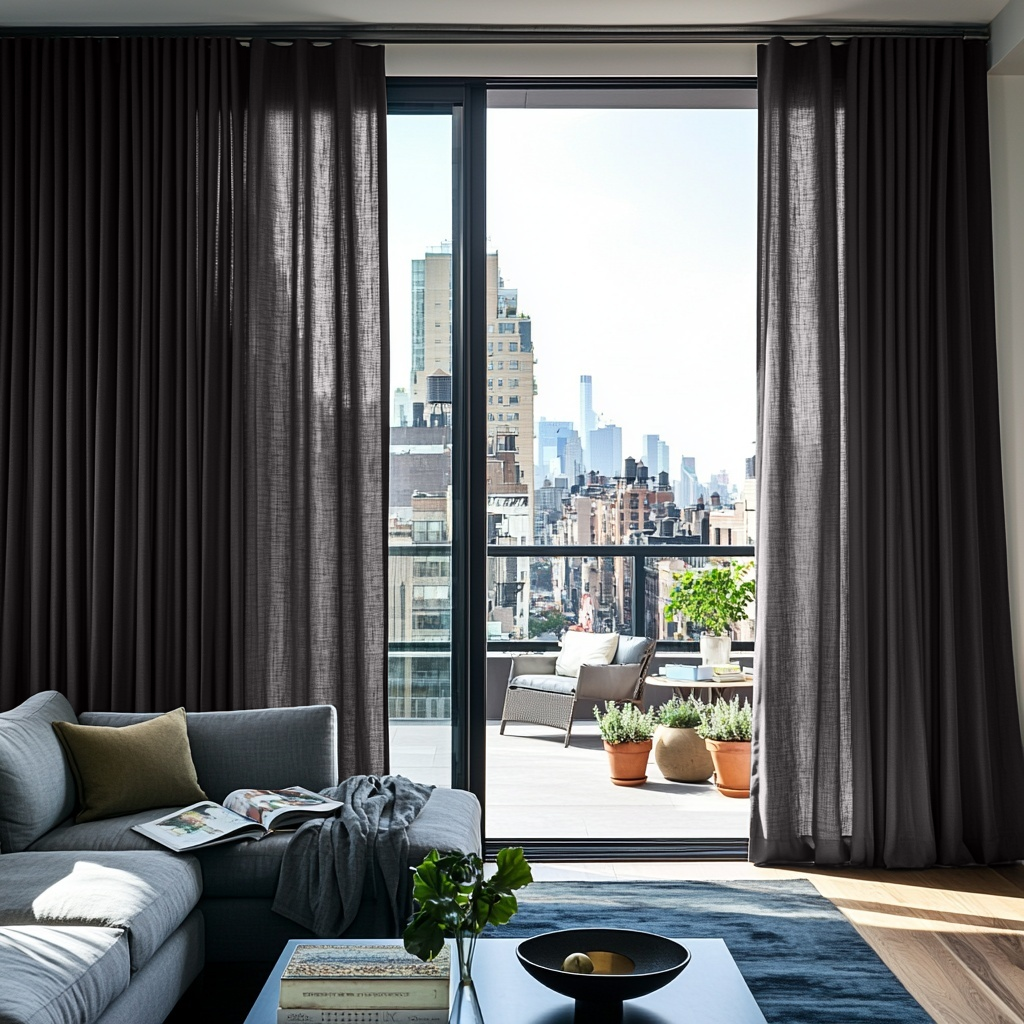 Charcoal Grey Linen S-Fold Curtains for Bifold Doors in a Living Room with Warm White Walls