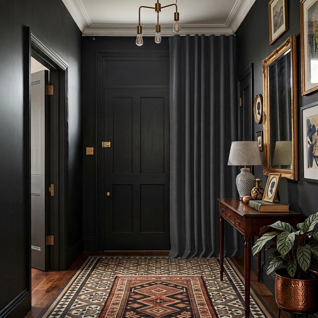Charcoal Grey Thermal Door Curtain in a Hallway with Matte Black Walls 