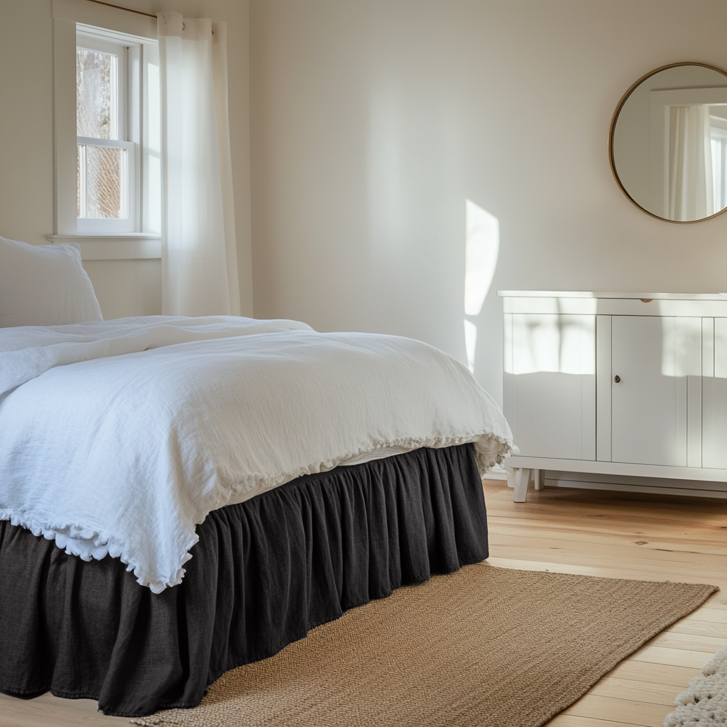 Charcoal Linen Bed Skirt Valance with Gathered Ruffles