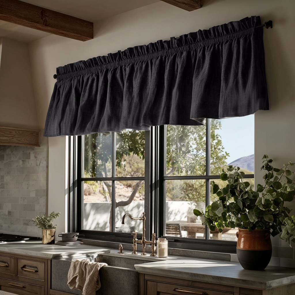 Charcoal Linen Kitchen Valance - Blackout Lining