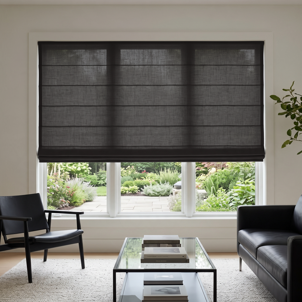 Charcoal Cordless Linen Roman Blinds in a Contemporary Living Room with White Walls and a Black Glass Coffee Table