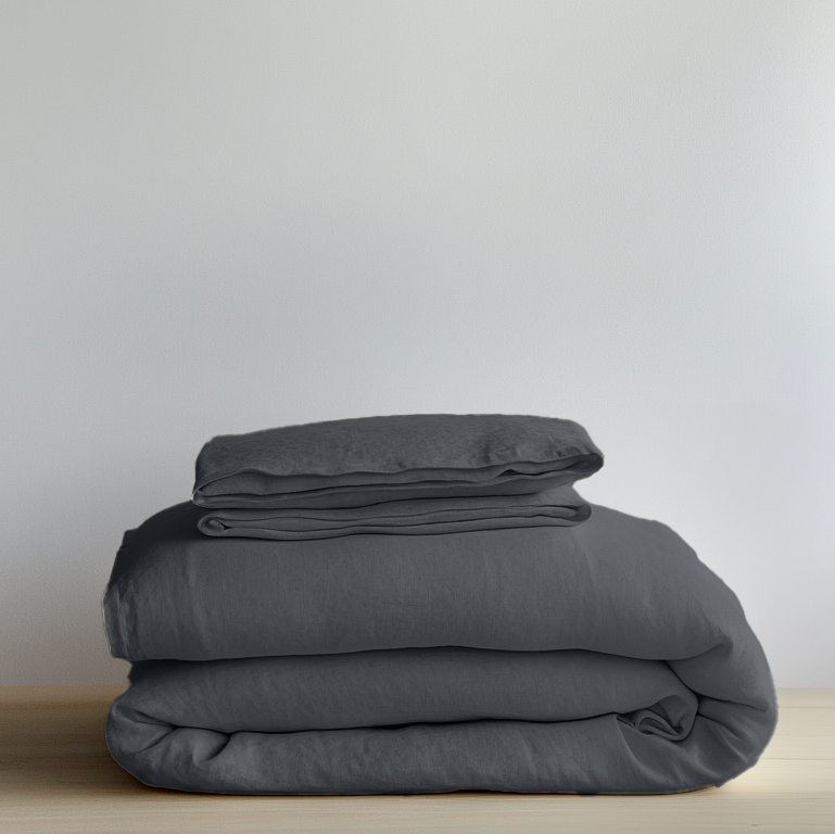 Charcoal Grey Washed Linen Duvet Cover Set