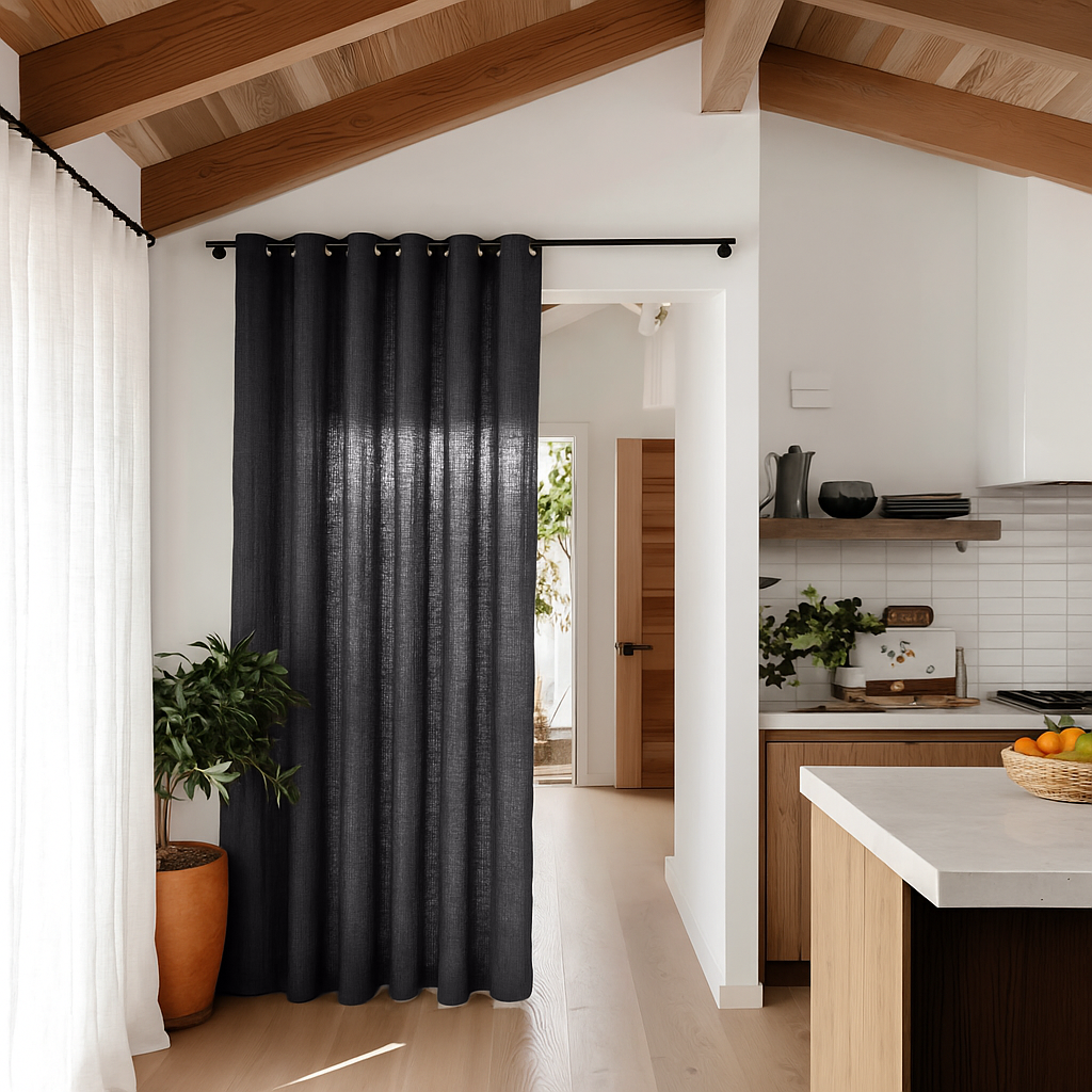 Charcoal Grey Linen Doorway Curtains with Eyelets
