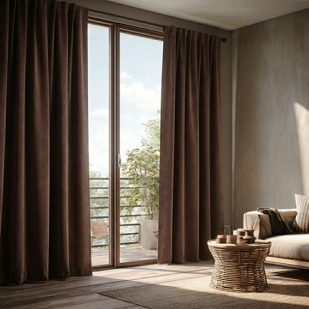 Chocolate Brown Velvet Back Tab Blackout Curtains for Sliding Doors in a Living Room with Beige Walls