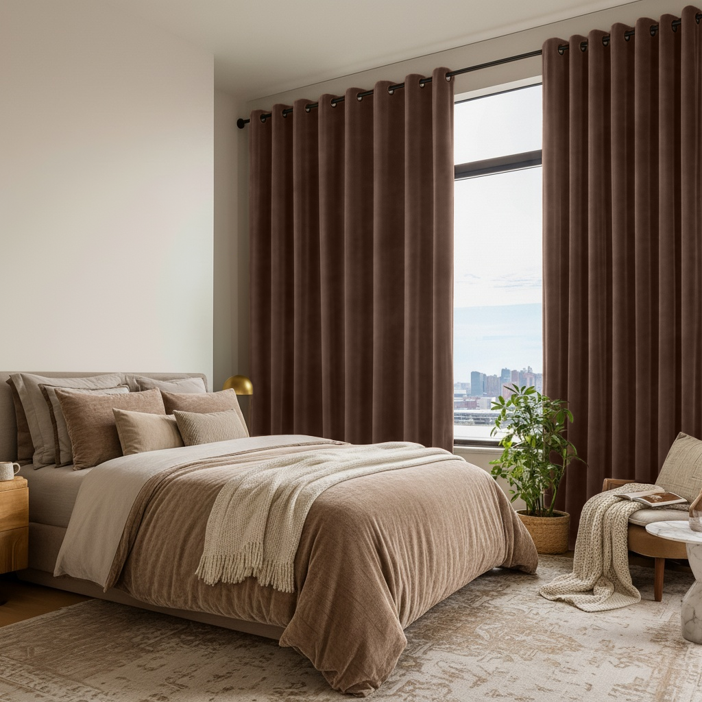 Chocolate Brown Velvet Eyelet Blackout Curtains in a Bedroom with Off-White Walls