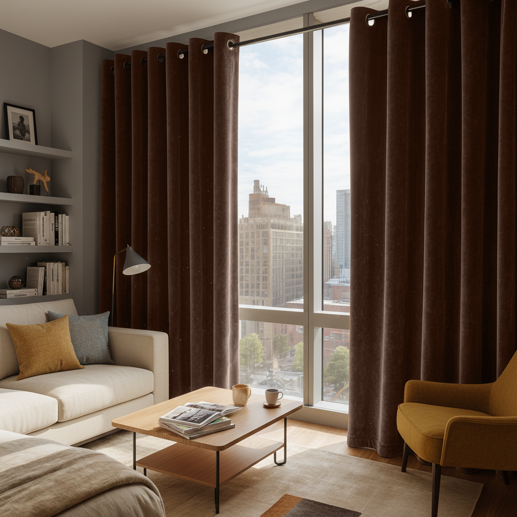 Chocolate Brown Velvet Eyelet Blackout Curtains in a Living Room with Light Grey Walls